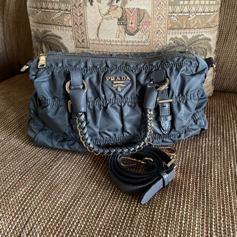 ✅PRADA - Dark Grey Tessuto Satchel Nylon Leather Tote Crossbody!